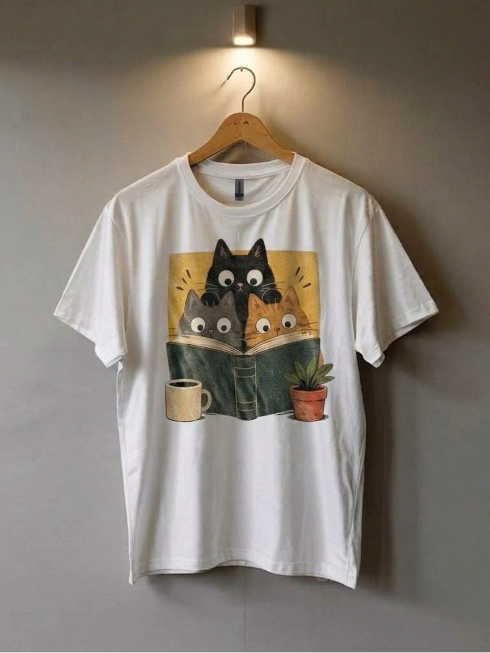 Funny Reading Cats T-shirt Book Lover Coffee Graphic Tee White